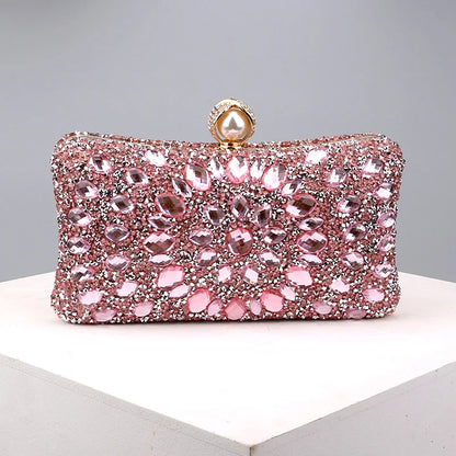 Lady Evening Bags for Women Luxury Full Diamonds Acrylic Flower Rhinestones Clutch Bag Metal Pearl Prom Wedding Dinner Handbags