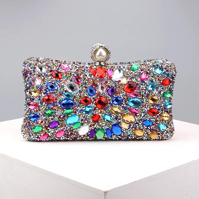 Lady Evening Bags for Women Luxury Full Diamonds Acrylic Flower Rhinestones Clutch Bag Metal Pearl Prom Wedding Dinner Handbags