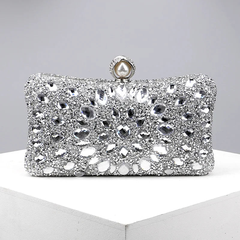 Lady Evening Bags for Women Luxury Full Diamonds Acrylic Flower Rhinestones Clutch Bag Metal Pearl Prom Wedding Dinner Handbags