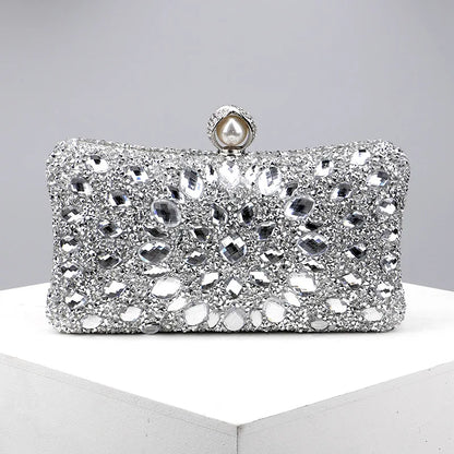 Lady Evening Bags for Women Luxury Full Diamonds Acrylic Flower Rhinestones Clutch Bag Metal Pearl Prom Wedding Dinner Handbags