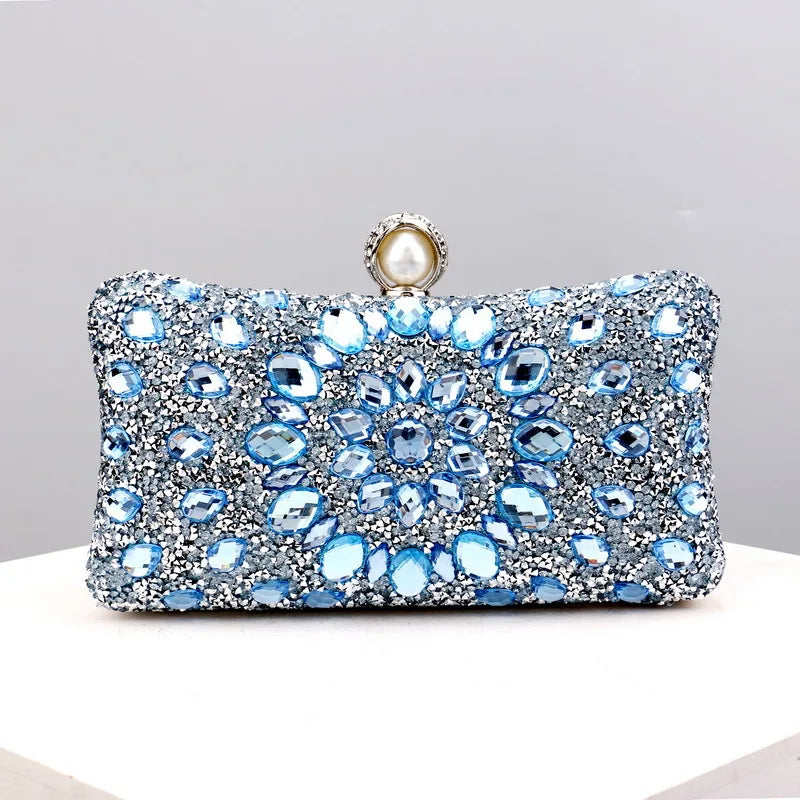 Lady Evening Bags for Women Luxury Full Diamonds Acrylic Flower Rhinestones Clutch Bag Metal Pearl Prom Wedding Dinner Handbags
