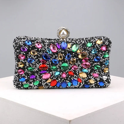 Lady Evening Bags for Women Luxury Full Diamonds Acrylic Flower Rhinestones Clutch Bag Metal Pearl Prom Wedding Dinner Handbags