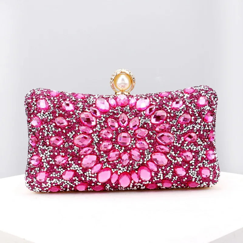 Lady Evening Bags for Women Luxury Full Diamonds Acrylic Flower Rhinestones Clutch Bag Metal Pearl Prom Wedding Dinner Handbags