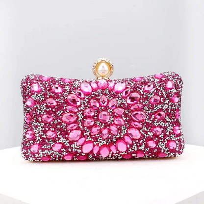 Lady Evening Bags for Women Luxury Full Diamonds Acrylic Flower Rhinestones Clutch Bag Metal Pearl Prom Wedding Dinner Handbags