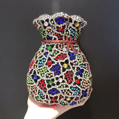 Lady Green Flower Bottle Full Rhinestones Evening Bags Wedding Stone Clutch Purse Metal Minaudiere Handbag Bridal Party Handbags