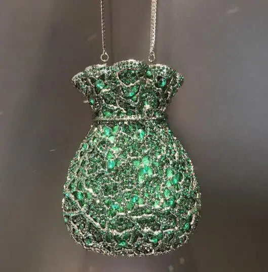 Lady Green Flower Bottle Full Rhinestones Evening Bags Wedding Stone Clutch Purse Metal Minaudiere Handbag Bridal Party Handbags