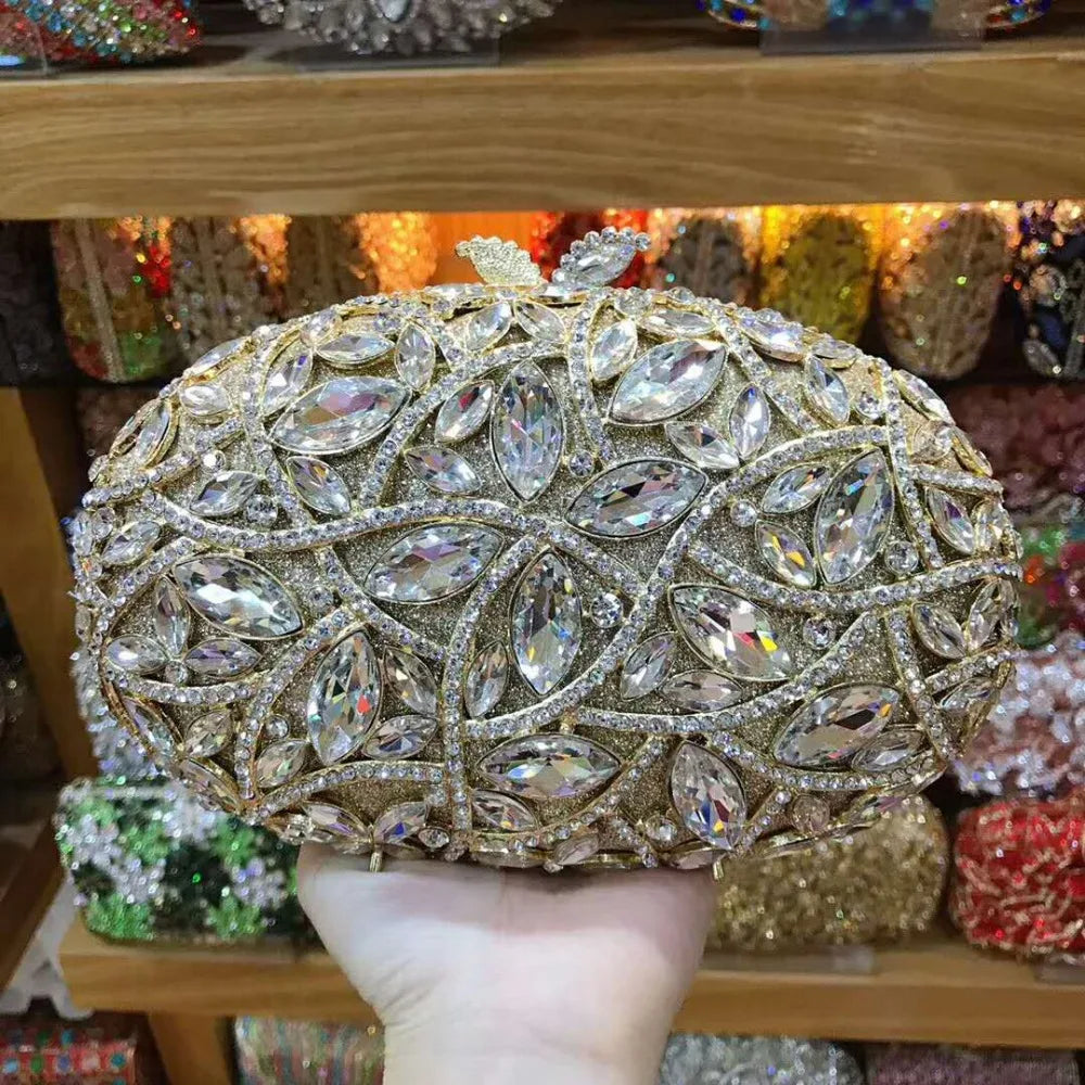 Lady Green/Silver Hollow Out Women Gold Crystal Metal Clutches Minaudiere Handbag Diamond Evening Bags Bridal Wedding Clutch Bag