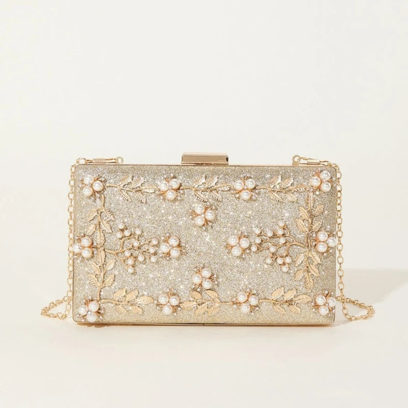 Lady Purse Party Wedding Clutches Handbag for Women Girl Shoulder Bag Crossbody Bag Fashion Beaded Leaf Gold Evening Bag