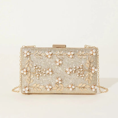 Lady Purse Party Wedding Clutches Handbag for Women Girl Shoulder Bag Crossbody Bag Fashion Beaded Leaf Gold Evening Bag