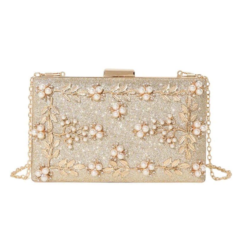 Lady Purse Party Wedding Clutches Handbag for Women Girl Shoulder Bag Crossbody Bag Fashion Beaded Leaf Gold Evening Bag