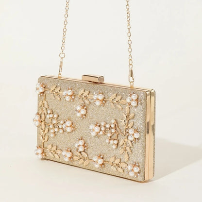 Lady Purse Party Wedding Clutches Handbag for Women Girl Shoulder Bag Crossbody Bag Fashion Beaded Leaf Gold Evening Bag