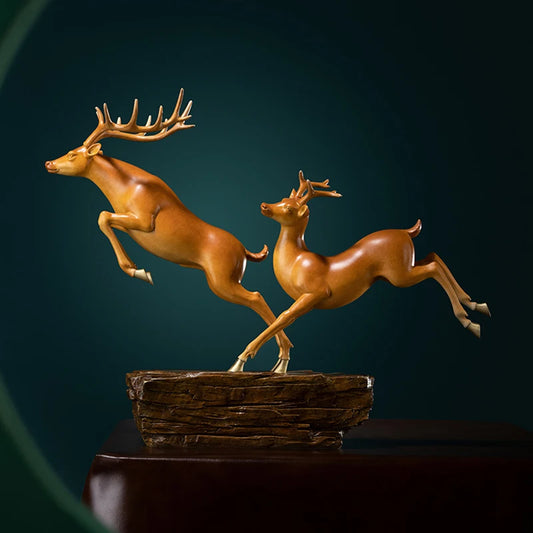 Lage TOP grade Good LUCK Auspicious brass Sculpture Home office Decor ART FU LU SHOU Deers statue BRASS Hand engraving art