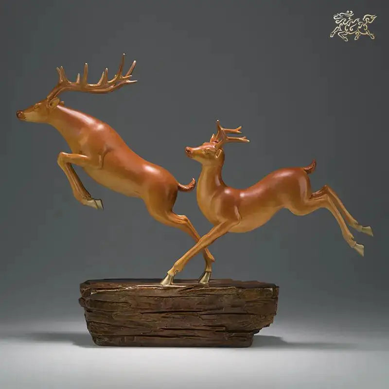 Lage TOP grade Good LUCK Auspicious brass Sculpture Home office Decor ART FU LU SHOU Deers statue BRASS Hand engraving art