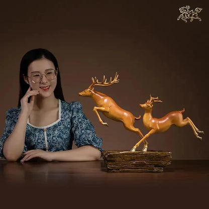 Lage TOP grade Good LUCK Auspicious brass Sculpture Home office Decor ART FU LU SHOU Deers statue BRASS Hand engraving art