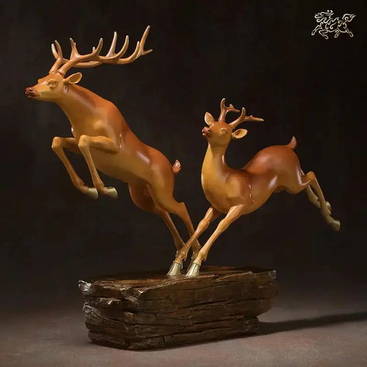Lage TOP grade Good LUCK Auspicious brass Sculpture Home office Decor ART FU LU SHOU Deers statue BRASS Hand engraving art