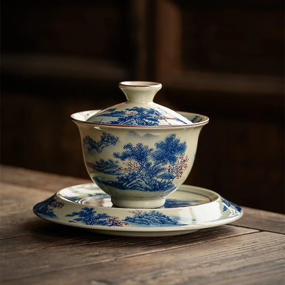 Landscape Chinese Ceramic Opening Gaiwan For Tea Tureen Teaware Cup Blue and White Tea Bowls Chawan Tea Ceramony Set