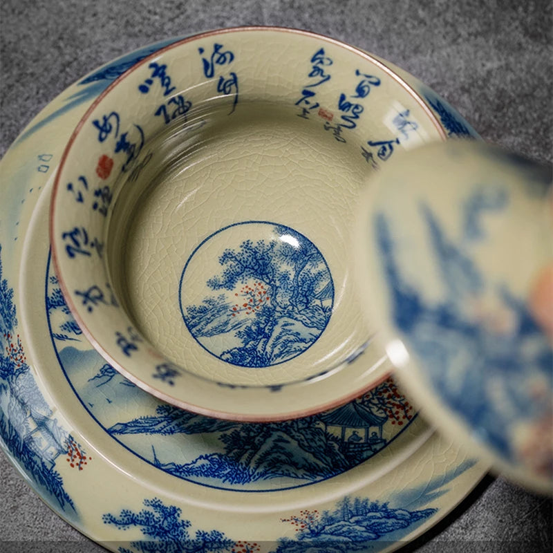 Landscape Chinese Ceramic Opening Gaiwan For Tea Tureen Teaware Cup Blue and White Tea Bowls Chawan Tea Ceramony Set