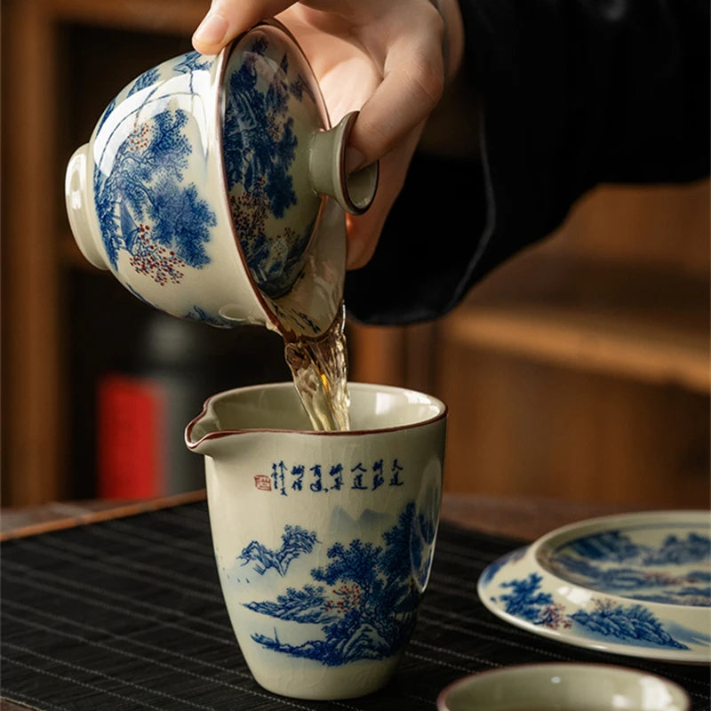 Landscape Chinese Ceramic Opening Gaiwan For Tea Tureen Teaware Cup Blue and White Tea Bowls Chawan Tea Ceramony Set