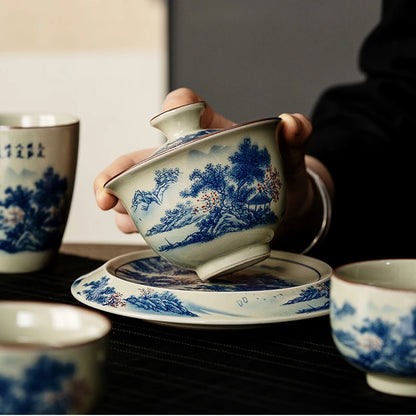 Landscape Chinese Ceramic Opening Gaiwan For Tea Tureen Teaware Cup Blue and White Tea Bowls Chawan Tea Ceramony Set