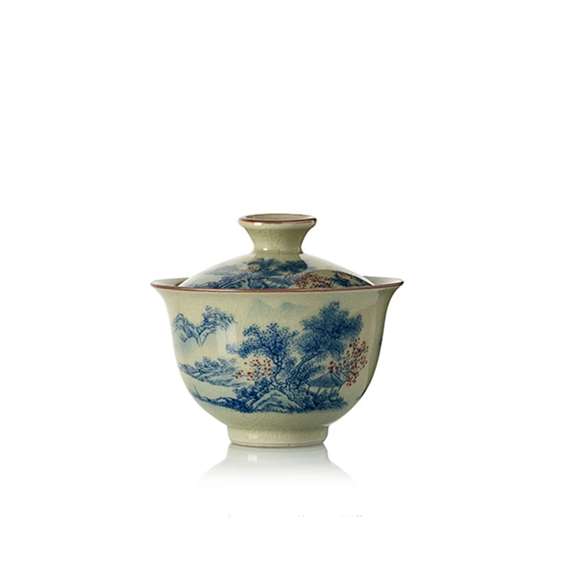 Landscape Chinese Ceramic Opening Gaiwan For Tea Tureen Teaware Cup Blue and White Tea Bowls Chawan Tea Ceramony Set