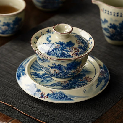 Landscape Chinese Ceramic Opening Gaiwan For Tea Tureen Teaware Cup Blue and White Tea Bowls Chawan Tea Ceramony Set