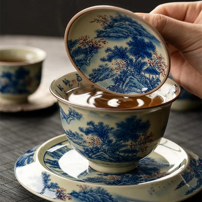 Landscape Chinese Ceramic Opening Gaiwan For Tea Tureen Teaware Cup Blue and White Tea Bowls Chawan Tea Ceramony Set