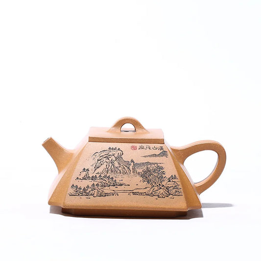 Lao Duan Mud Carving Painted Square Stone Scoop Zisha Teapot, Yixing Handmade Pot, Kung-Fu Teaware, Purple Clay Drinkware