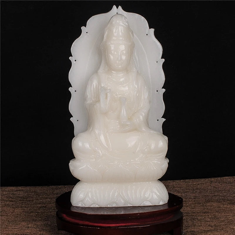 Large 30CM GOOD Blessing Home wall office efficacious Talisman Guanyin Buddha Avalokitesvara white Jade carving Sculpture statue