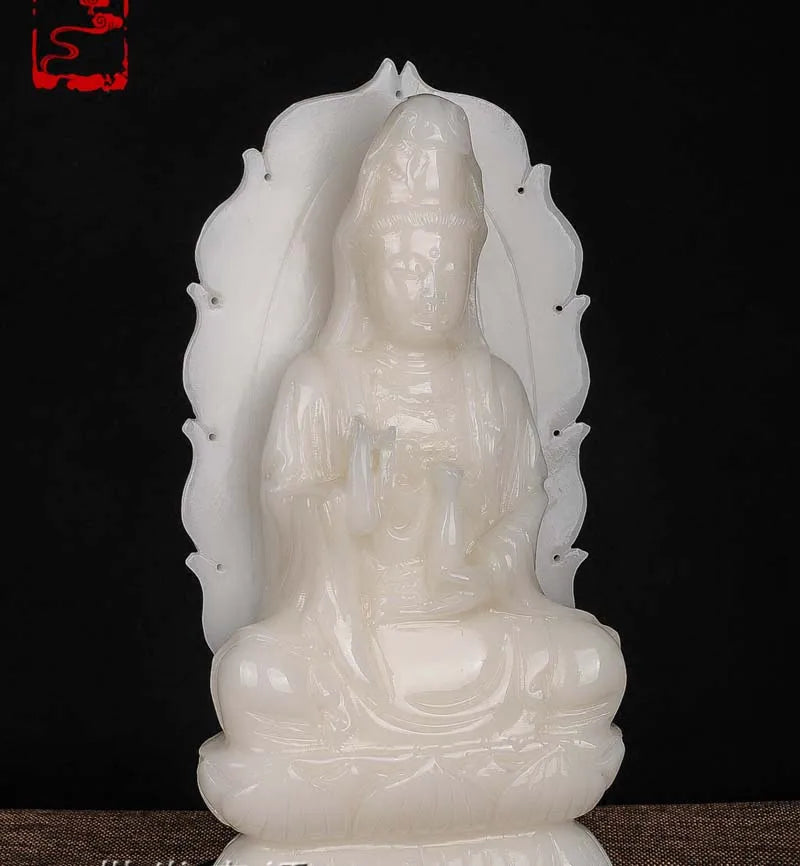 Large 30CM GOOD Blessing Home wall office efficacious Talisman Guanyin Buddha Avalokitesvara white Jade carving Sculpture statue