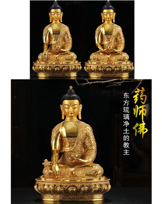 Large 3PCS -Wholesale buddha statue Nepal Tibetan Buddhism Amitabha Amitayus Sakyamuni the Medicine Buddhas Gold-plated statue