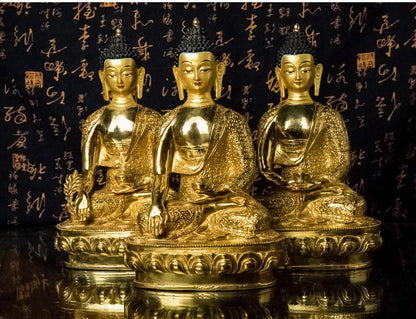 Large 3PCS -Wholesale buddha statue Nepal Tibetan Buddhism Amitabha Amitayus Sakyamuni the Medicine Buddhas Gold-plated statue
