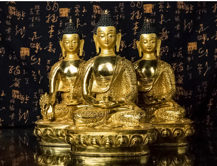 Large 3PCS -Wholesale buddha statue Nepal Tibetan Buddhism Amitabha Amitayus Sakyamuni the Medicine Buddhas Gold-plated statue
