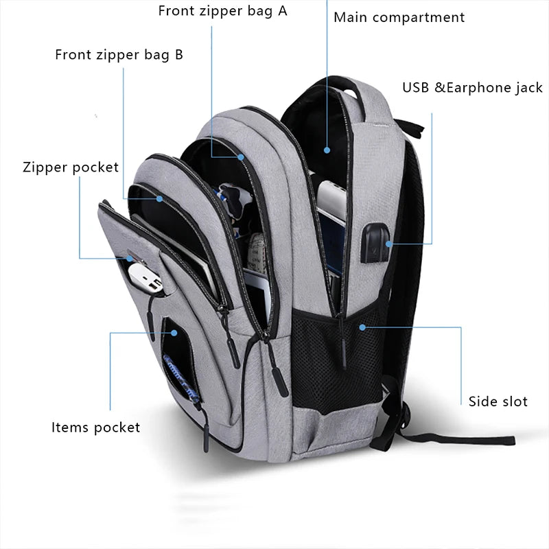 Large Capacity Backpack Men Laptop Backpacks 17.3''Oxford Black Solid High School Bags Teen College Boy Girl Student Backpacks