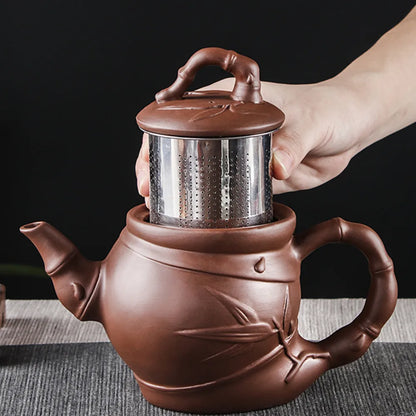 Large Capacity Bamboo Teapot with Built in Stainless Steel Filter, Kungfu Tea Set, Purple Clay Pot, Tea Cup Set