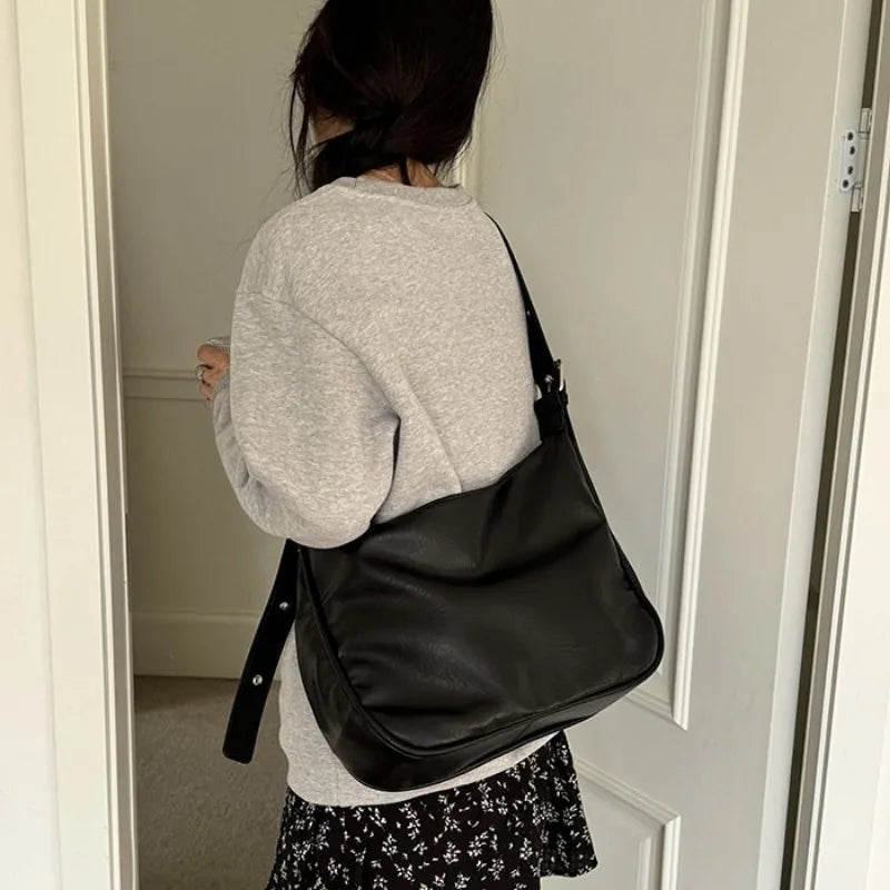 Large Capacity Casual Tote Women Shoulder Bag Vintage Fashion PU Leather Message Bag 2024 New All-match Commuter Bolsas Mujer