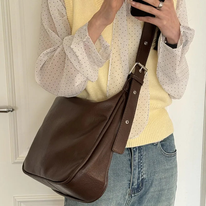Large Capacity Casual Tote Women Shoulder Bag Vintage Fashion PU Leather Message Bag 2024 New All-match Commuter Bolsas Mujer