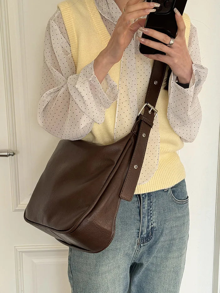 Large Capacity Casual Tote Women Shoulder Bag Vintage Fashion PU Leather Message Bag 2024 New All-match Commuter Bolsas Mujer