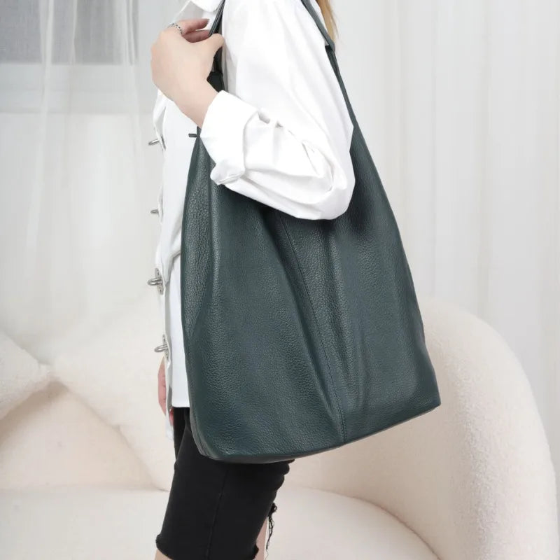 Large Capacity Commuter Tote Bag 2024 New Soft Genuine Leather Shoulder Bags Versatile All-match Shopping Travel Purses Clutch