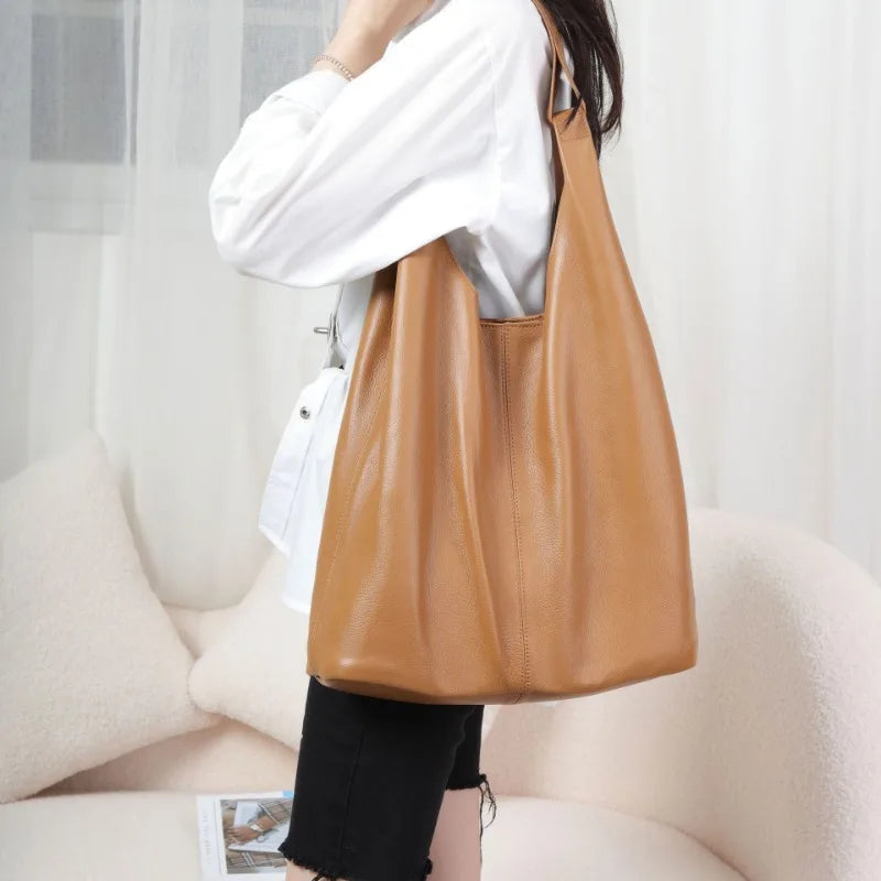 Large Capacity Commuter Tote Bag 2024 New Soft Genuine Leather Shoulder Bags Versatile All-match Shopping Travel Purses Clutch