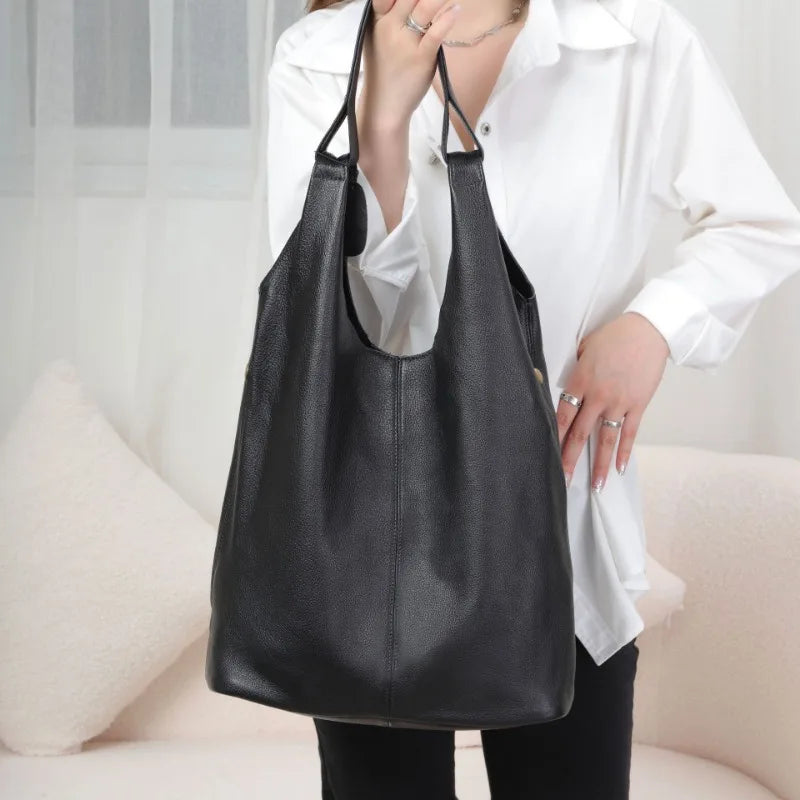 Large Capacity Commuter Tote Bag 2024 New Soft Genuine Leather Shoulder Bags Versatile All-match Shopping Travel Purses Clutch