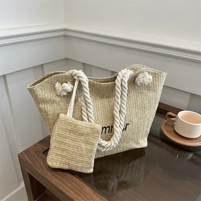 Large Capacity Fashionable Straw Letter Tote Bag Women's Bag 2024 New Shoulder Bag Luxury Designer Handbag