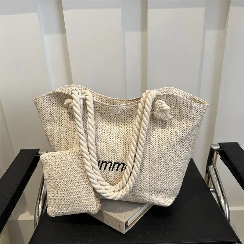 Large Capacity Fashionable Straw Letter Tote Bag Women's Bag 2024 New Shoulder Bag Luxury Designer Handbag