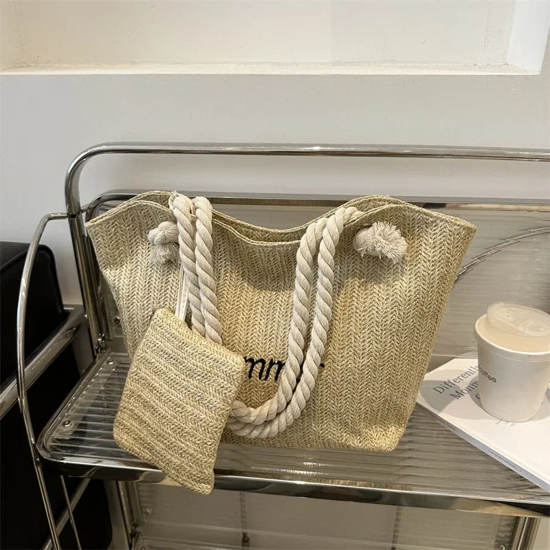 Large Capacity Fashionable Straw Letter Tote Bag Women's Bag 2024 New Shoulder Bag Luxury Designer Handbag