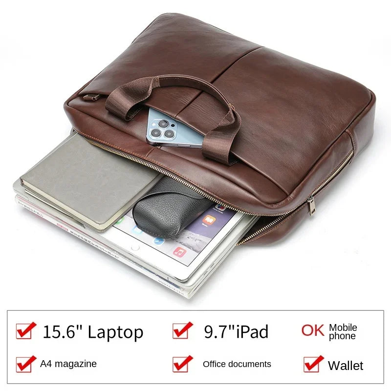 Large Capacity Genuine Briefcase Men Horizontal Laptop Cow Leather Handbag Male Business Shoulder Bag