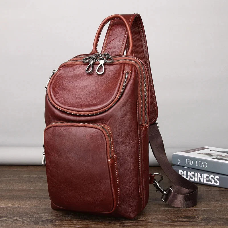 Large Capacity Genuine Leather Chest Men Travel Shoulder Fashion Cowhide Crossbody Multifunction Male Sling Bag