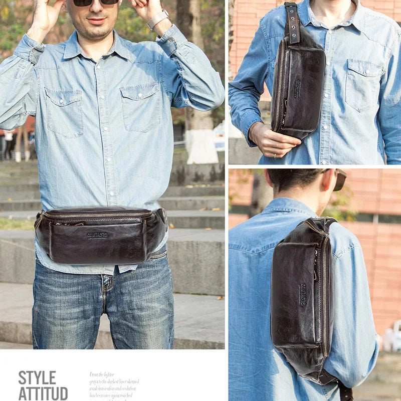 Large Capacity Men's belt genuine leather crossbody fashion male shoulder bag outdoor sports phone waist pack