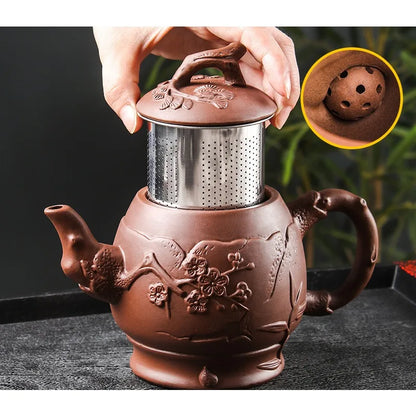 Large Capacity Plum Blossom Tea Pot, Built-in Stainless Steel Filter, Kung Fu Tea Pot, Purple Sand, 600ml
