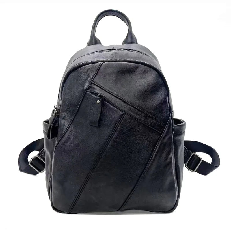 Large Capacity Preppy Style Vintage Backpacks Casual All-match Solid Black Genuine Leather Schoolbag Leisure All-match Bolsas