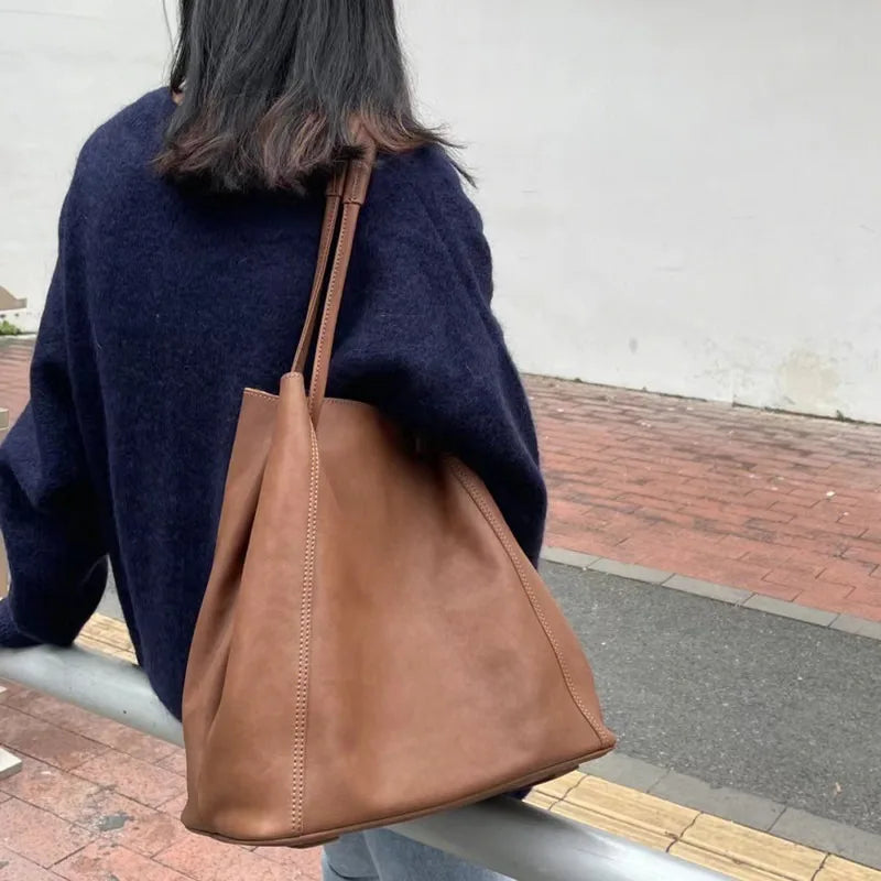 Large Capacity Single Shoulder Tote Bags Women Genuine Leather Bucket Bags Fashion Commuter Travel Casual Purses Bolsos Mujer