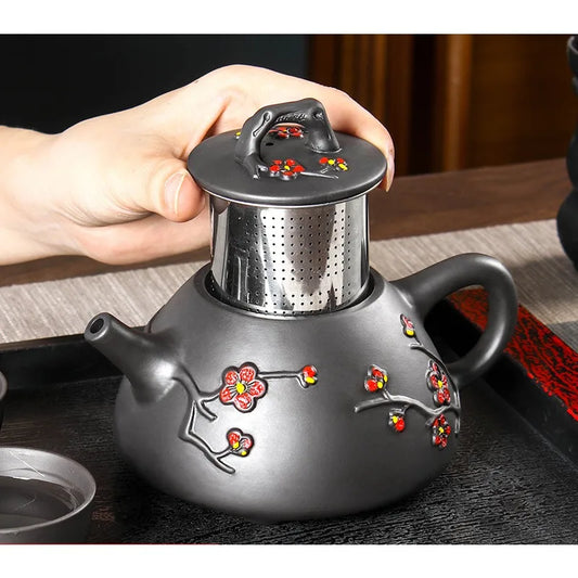 Large Capacity  Teapot Hand Colored Stone Ladle Plum Pot Stainless Steel Filter Tea Kettle Handmade Kungfu Tea Set